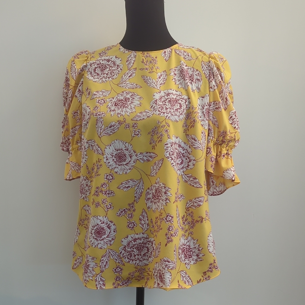 Alex Marie Yellow Burgundy Floral Puff Sleeve Blouse Top MEDIUM